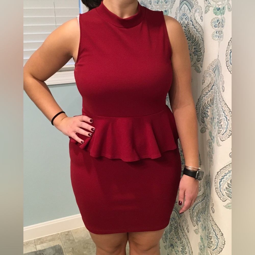 Women’s dark red peplum style dress, Soprano, XL